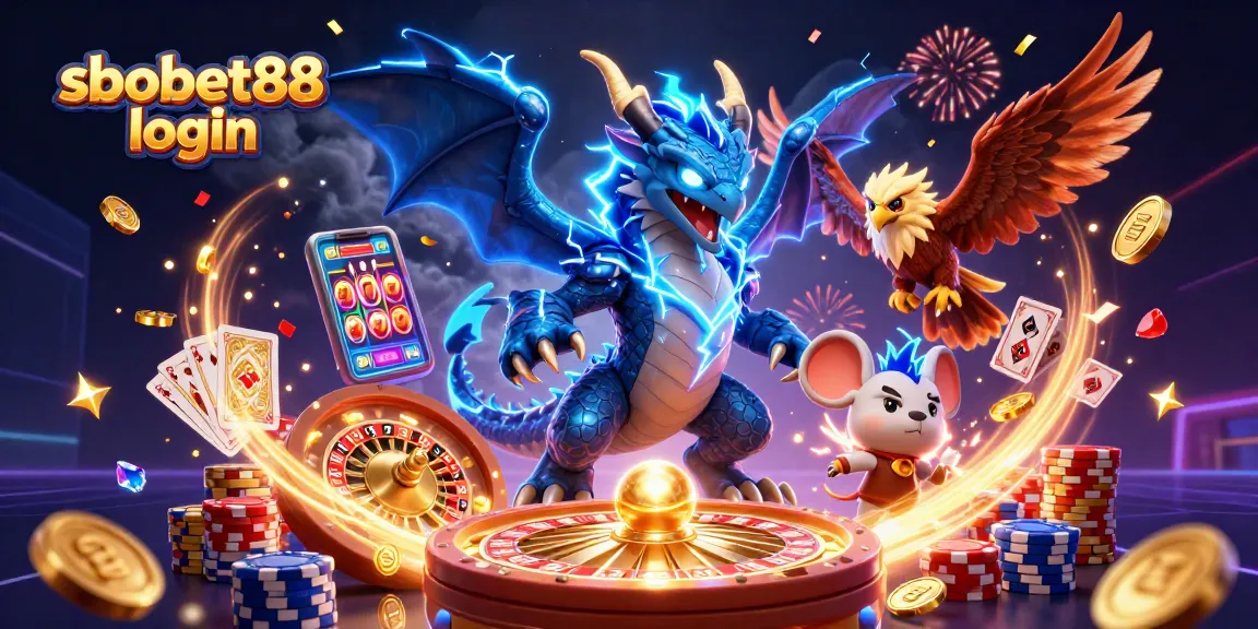 Simplified sbobet88 login scene with dynamic characters and casino elements showcasing excitement.
