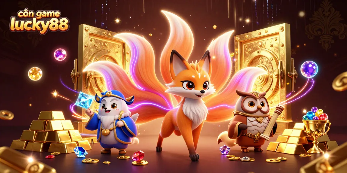 Experience the excitement of cổn game lucky88 with vibrant, magical characters surrounded by treasures.