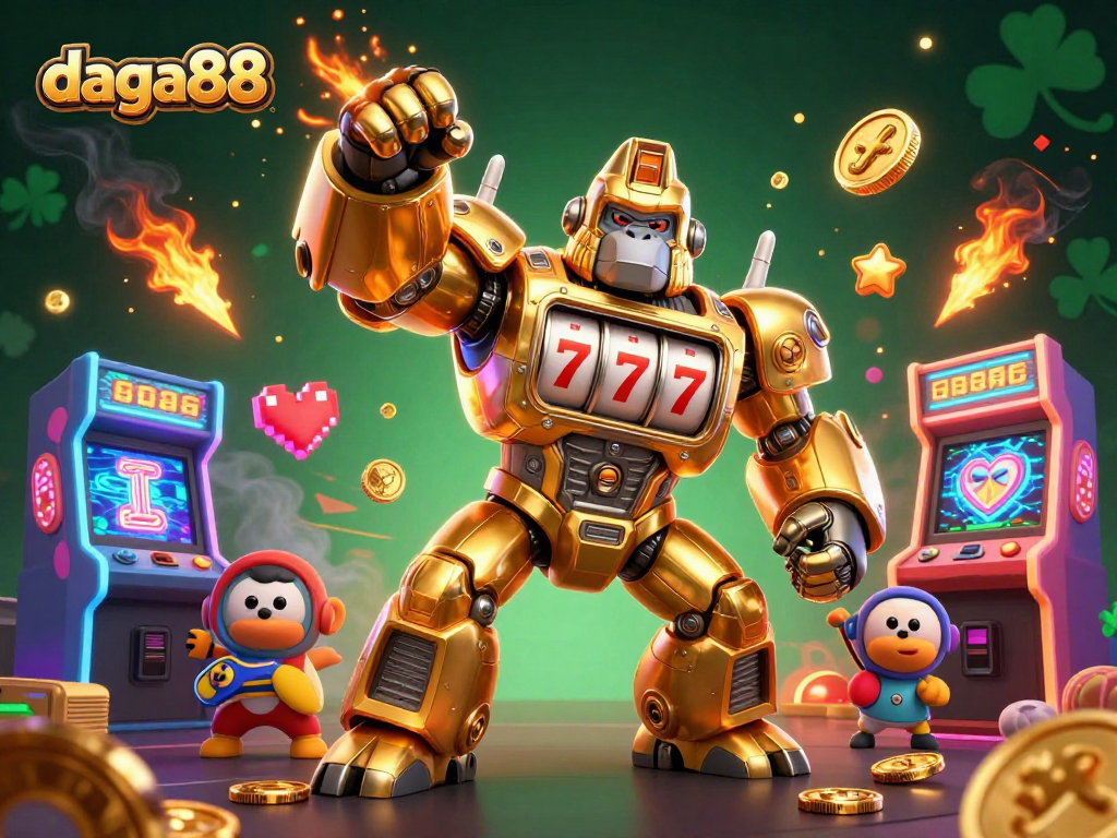 Experience thrilling action with daga88's golden gorilla mech amidst dynamic casino game elements.