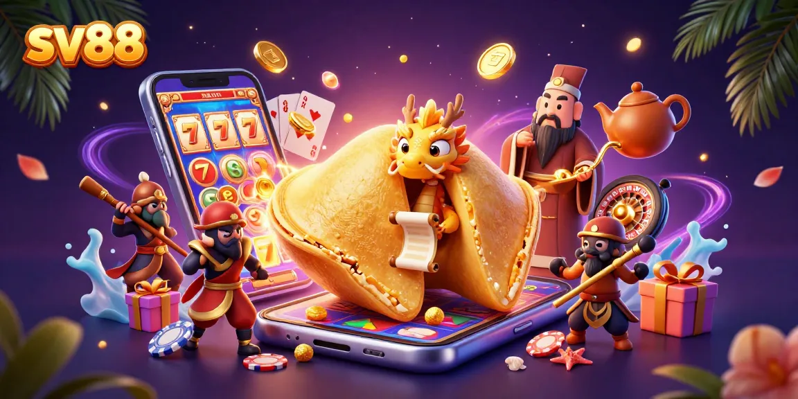 Spin to win with sv88 in this vibrant casino scene featuring a golden fortune cookie and slot games.