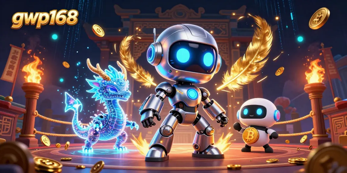 GWP168 menampilkan kombinasi robot cyberpunk 3D dan naga AI holografik dalam atmosfer kasino yang penuh warna.
