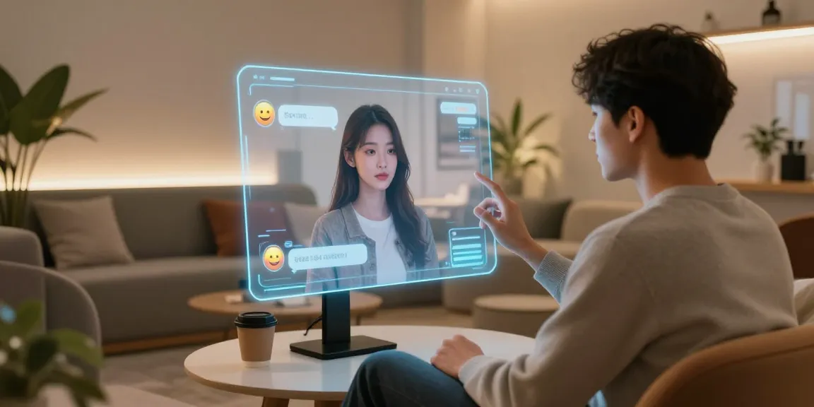 Interactive ai gf experience in a cozy digital lounge with ambient lighting.
