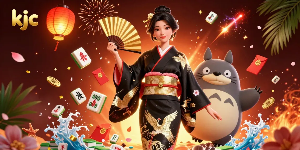 KJC players enjoy dynamic casino fun with an elegant Asian woman and wise tanuki, showcasing vibrant gambling elements.