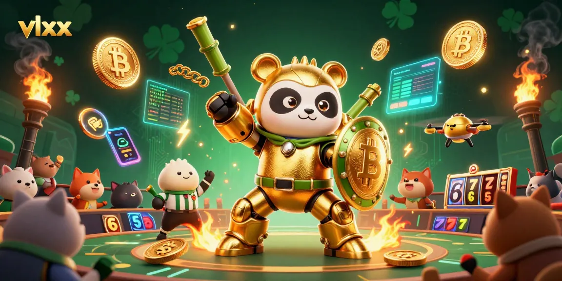 Engage in the vlxx casino experience with vibrant 3D illustration featuring a golden panda robot.