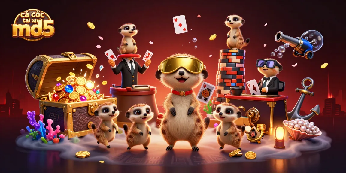 Experience thrilling cá cược tài xỉu md5 with meerkats managing a vibrant casino scene filled with treasure and excitement.