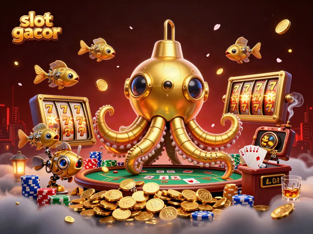 Permainan slot gacor dengan visual mengesankan dari kraken dan ikan mekanik dalam lautan koin emas.