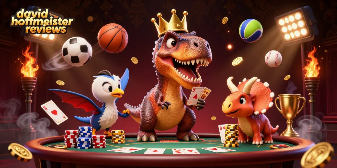 Engaging illustration of david hoffmeister reviews showing playful dinosaur characters involving poker elements in a dynamic casino scene.