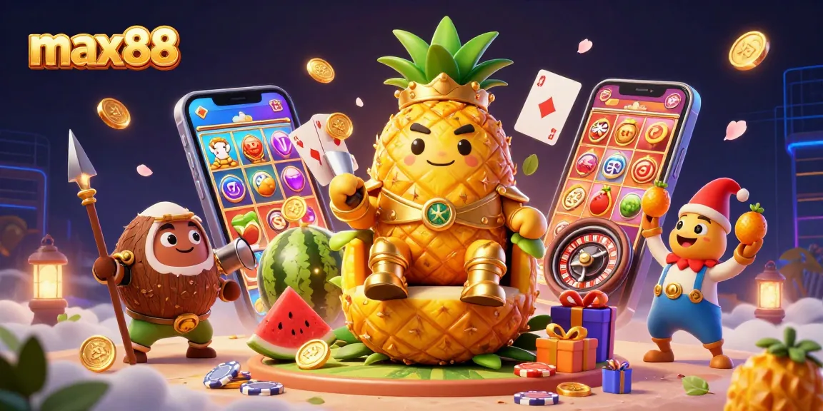 Experience winning slots with max88's vibrant casino scene featuring golden characters and exciting game elements.