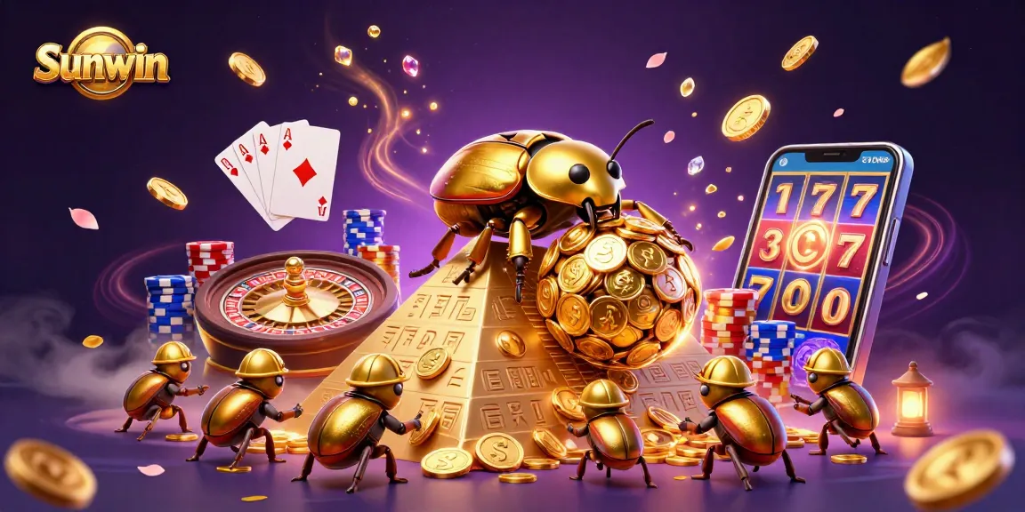 Experience Sunwin's gaming magic with a vibrant 3D illustration of beetles amidst cascading coins, roulette, and cards.