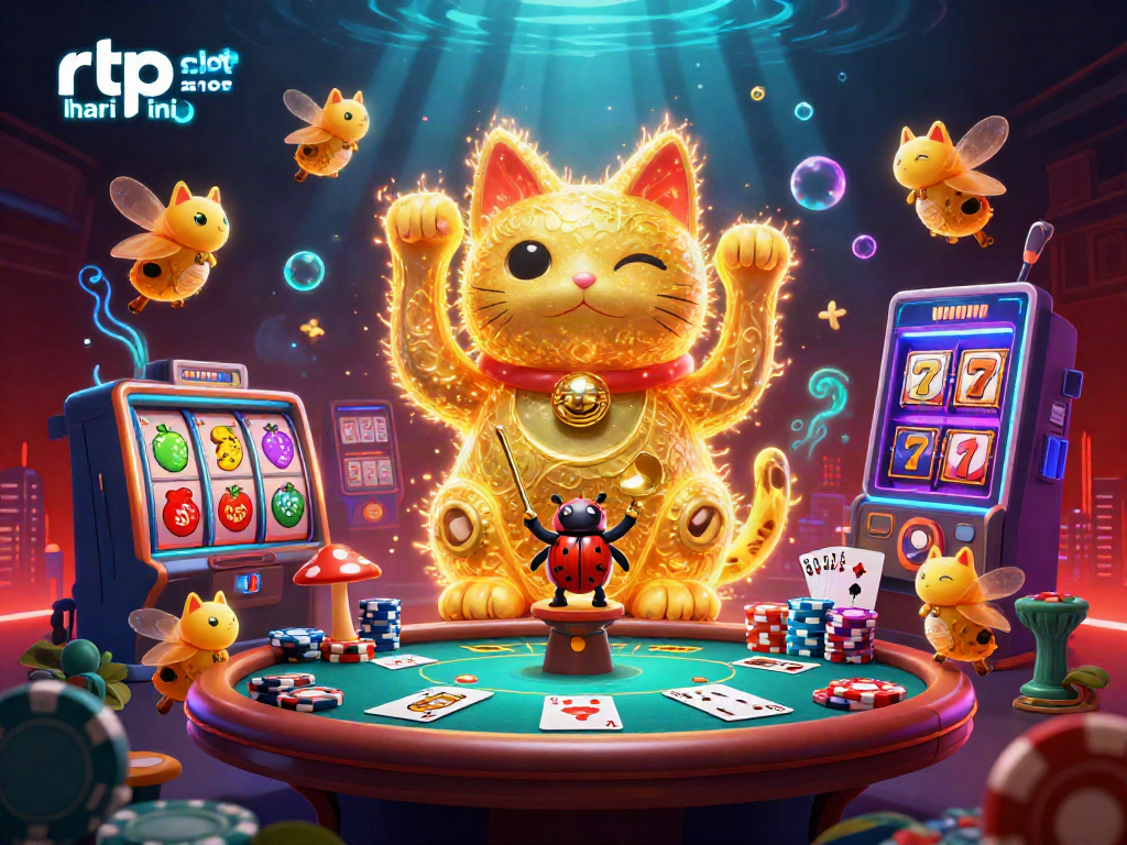 Engage with thrilling rtp slot hari ini action in a captivating 3D illustration featuring a lucky cat and dynamic casino elements.