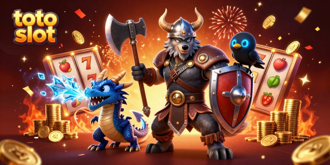 Experience thrilling toto slot gaming with cartoon Viking, dragon, and raven amidst lively slot reels.