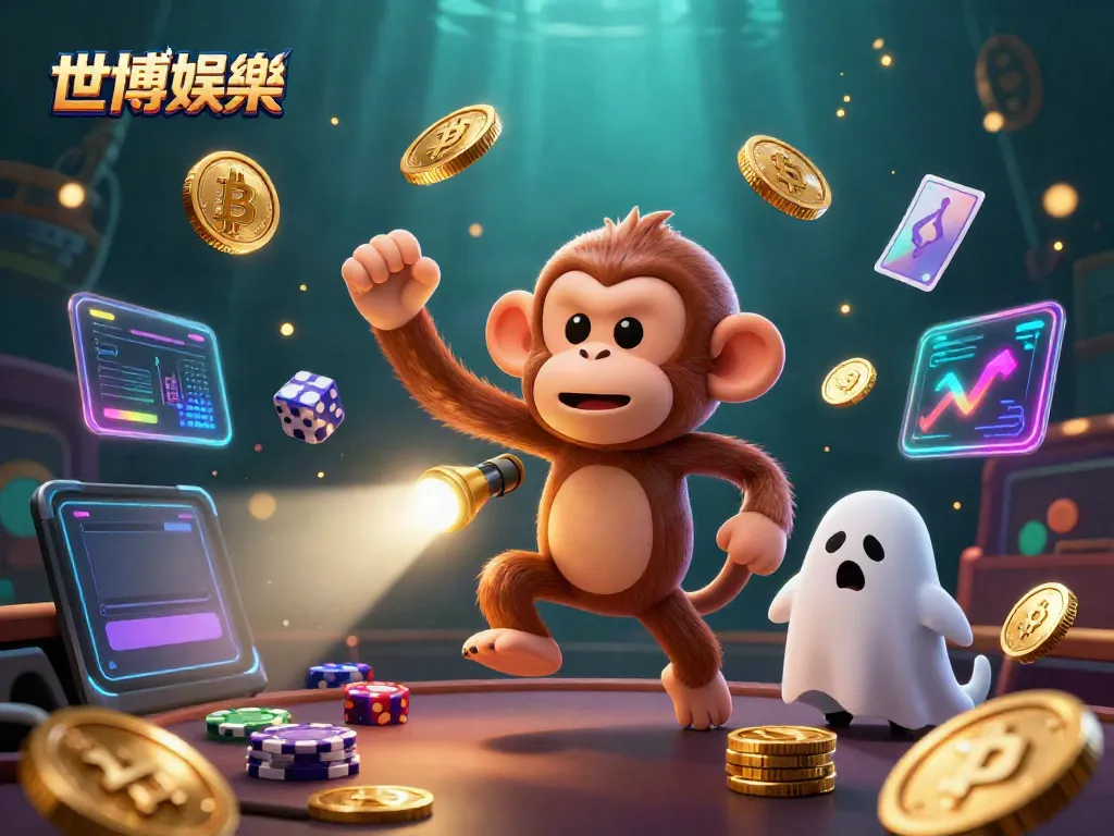世博娛樂的精彩賭場場景，猴子和小狗追逐黃金物品，玩得盡興。