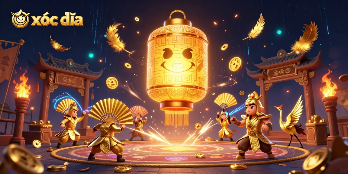 Xóc đĩa game vibrant scene with golden lantern spirit, warriors, and swirling particles of luck.