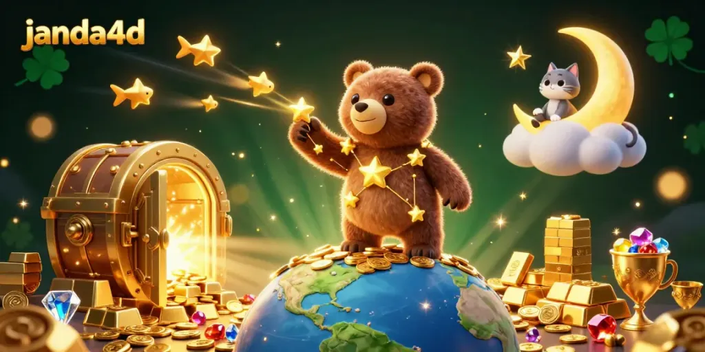 JANDA4D menghadirkan ilustrasi kasino dengan bintang emas dan koin yang terbang, menambah keseruan bermain.