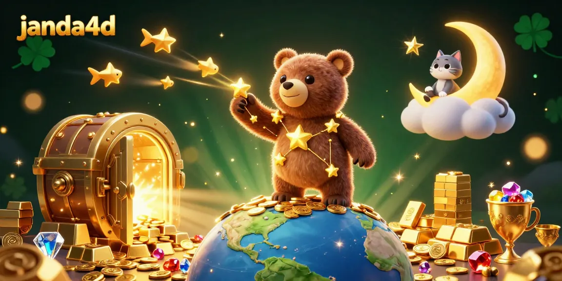 JANDA4D menghadirkan ilustrasi kasino dengan bintang emas dan koin yang terbang, menambah keseruan bermain.