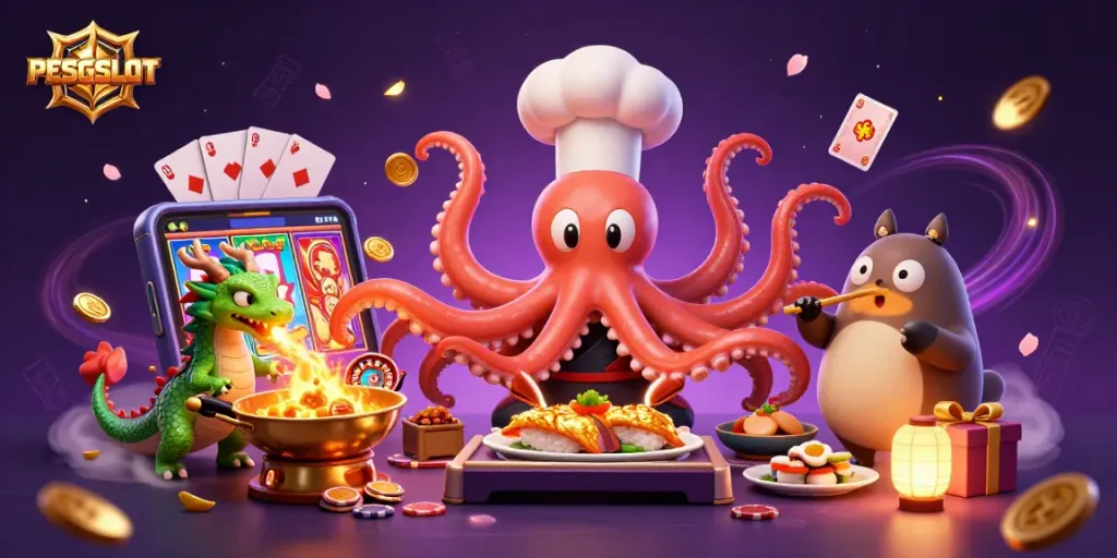 Permainan slot menarik di PESGSLOT bersama juru masak sushi, naga, dan pelanggan tanuki.