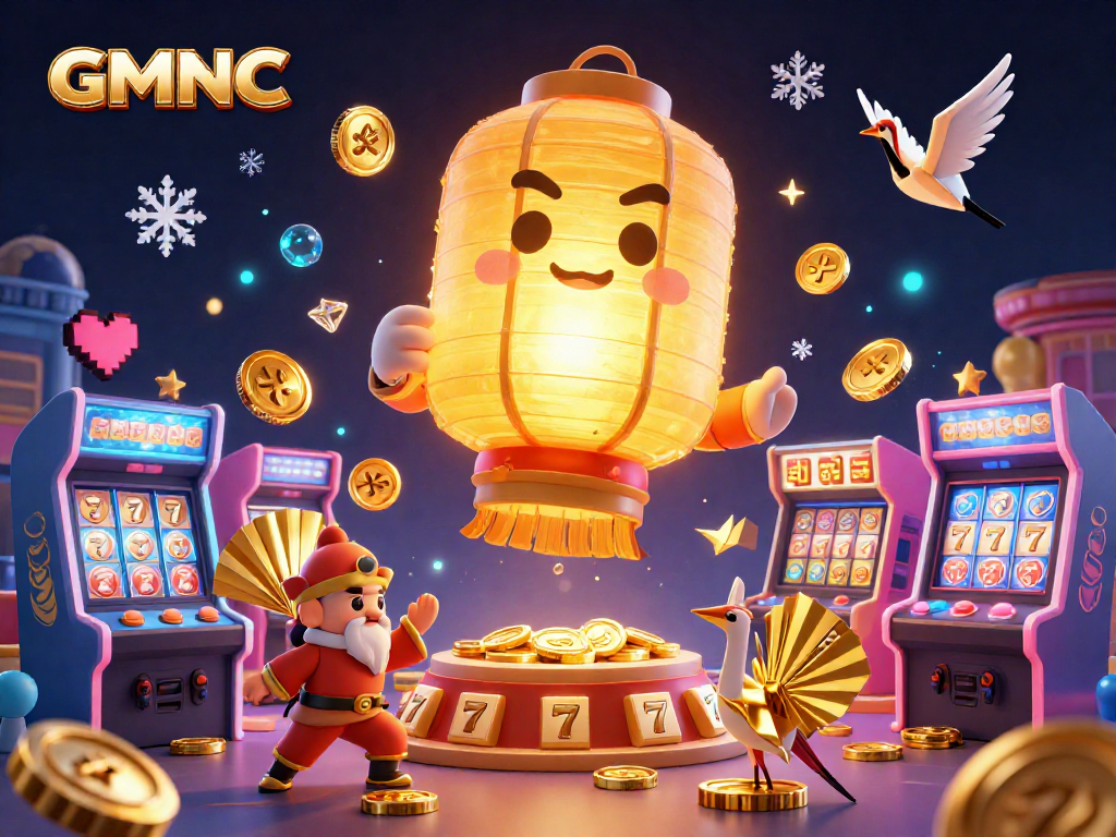 Experience the excitement of GMNC with a vibrant 3D casino scene filled with lucky symbols and arcade games.