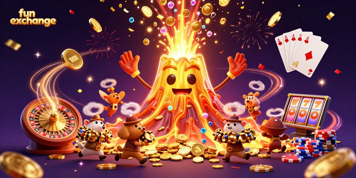 Experience thrilling action with fun exchange in this vibrant casino scene featuring a golden volcano and treasure galore.