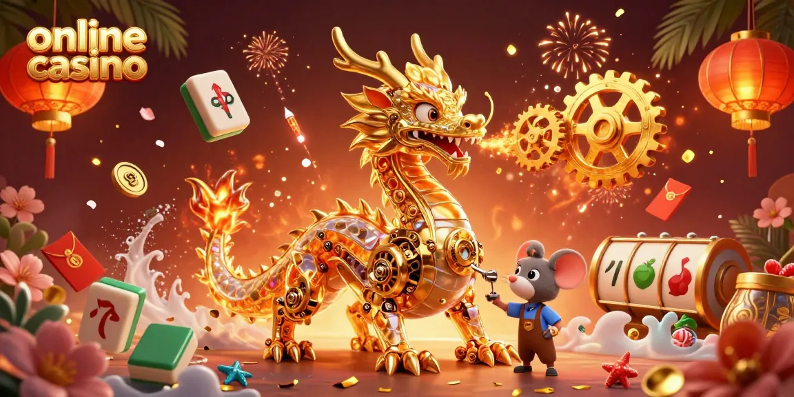 Experience the excitement of an online casino with a golden dragon, slot reels, and vibrant casino elements.