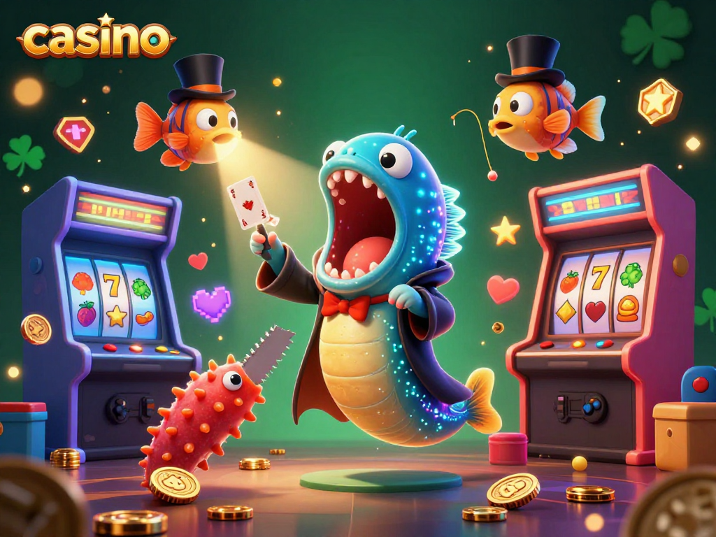 Engaging casino magic scene with sea creatures performing card tricks in a colorful, vibrant environment