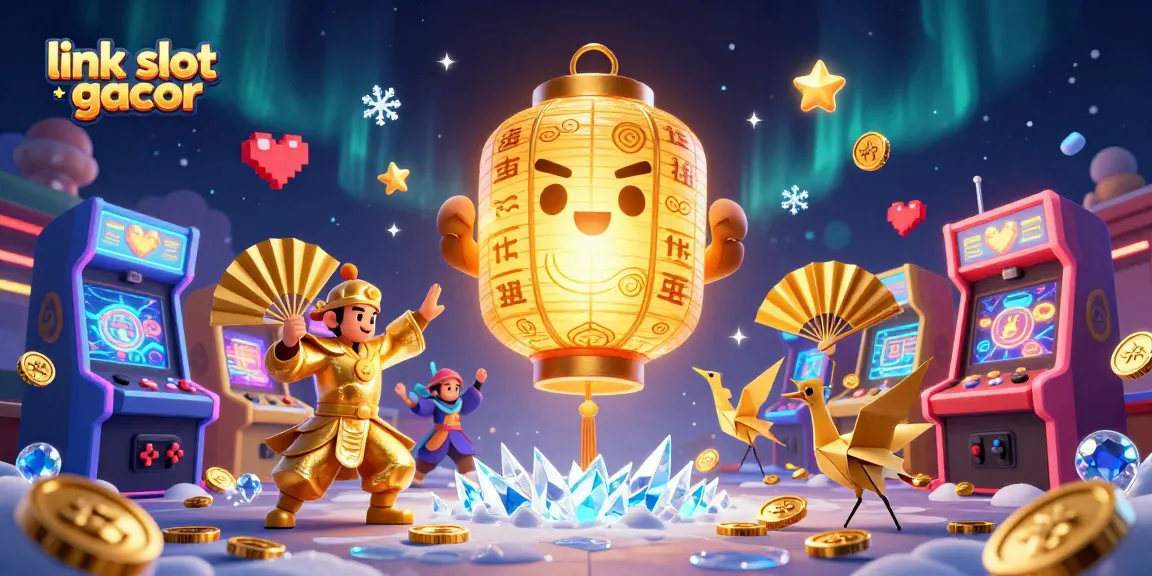 Permainan slot gacor penuh warna di kasino, menampilkan karakter keberuntungan dan elemen perjudian.