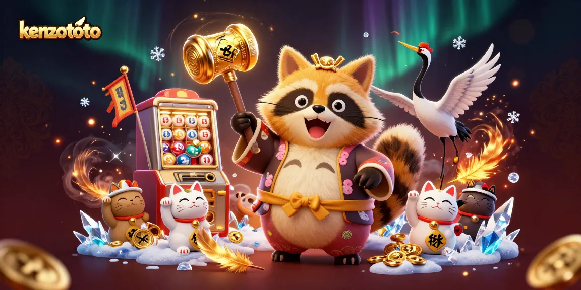 Engage with kenzototo as a colorful tanuki leads lottery thrills in a festival atmosphere.