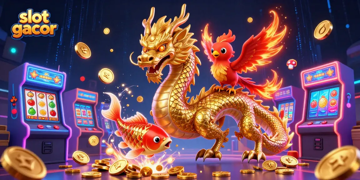 Experience the excitement of slot gacor with vibrant elements and characters in this 3D illustration.