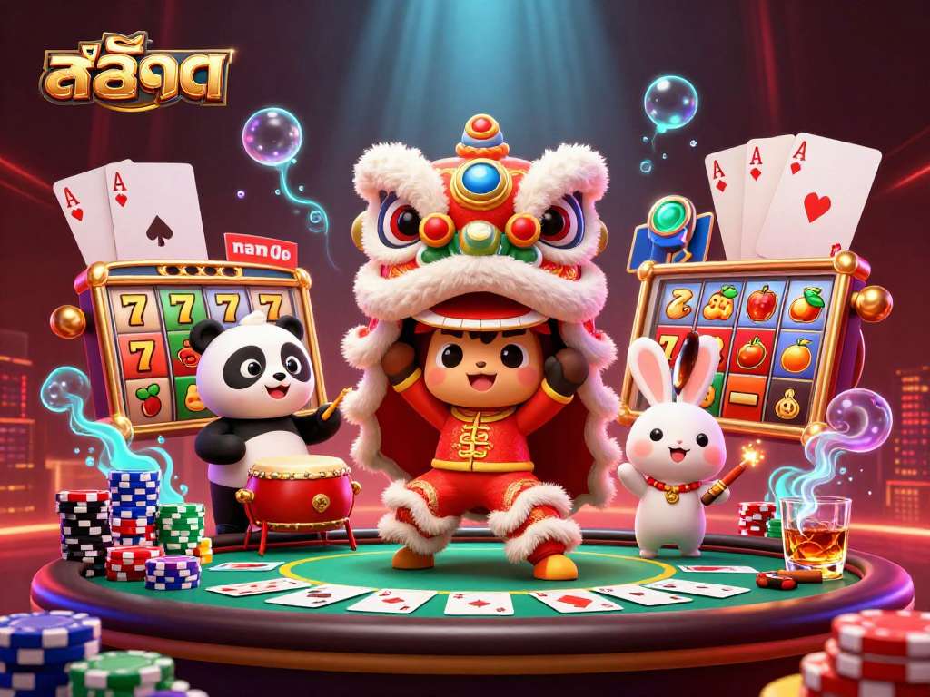 Play สล็อต with vibrant characters and engaging slot machine elements in this dynamic casino scene.