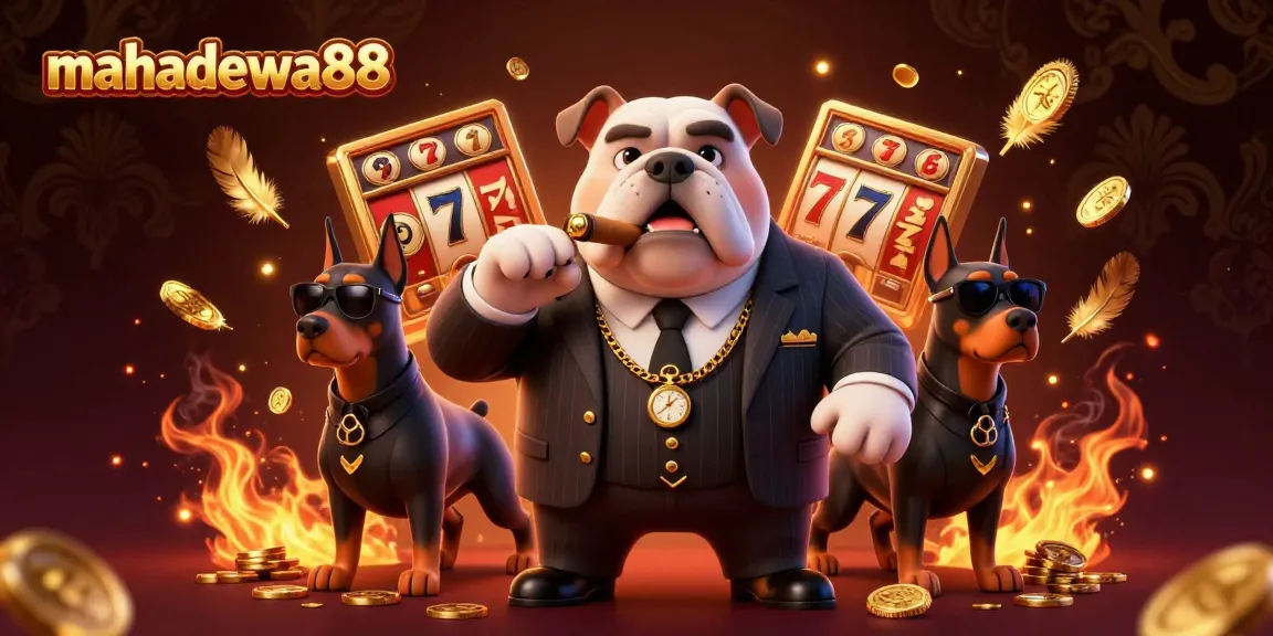 Engage in thrilling slots with mahadewa88 featuring a mafia bulldog surrounded by dynamic casino elements.