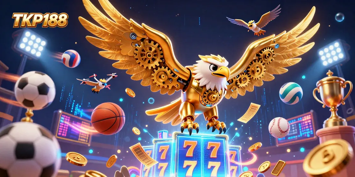 Engage with TKP188's thrilling online slots as a golden eagle soars over vibrant slot reels.