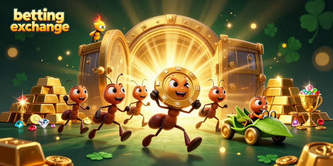 Experience thrilling betting exchange action as cartoon ants heist golden poker chips in a vibrant casino backdrop.