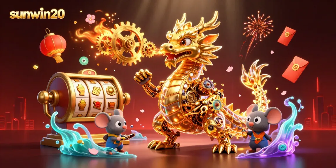 Experience the thrill of sunwin20 with a golden dragon breathing gears and cogs amidst vibrant casino elements.