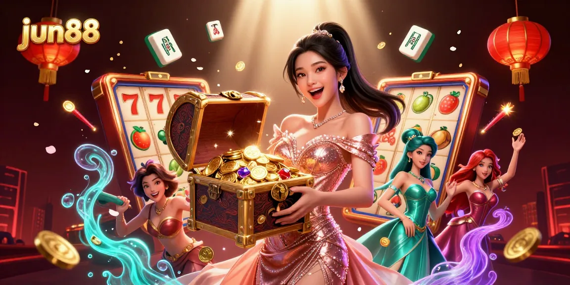 Experience the excitement of jun88 as a joyful woman presents a treasure chest of winnings amidst dynamic casino elements.