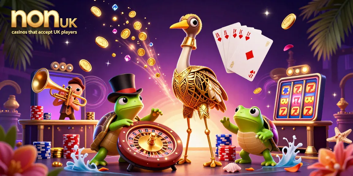 Engaging scene showcasing non UK casinos that accept UK players with vibrant characters, spinning roulette, and flying coins.