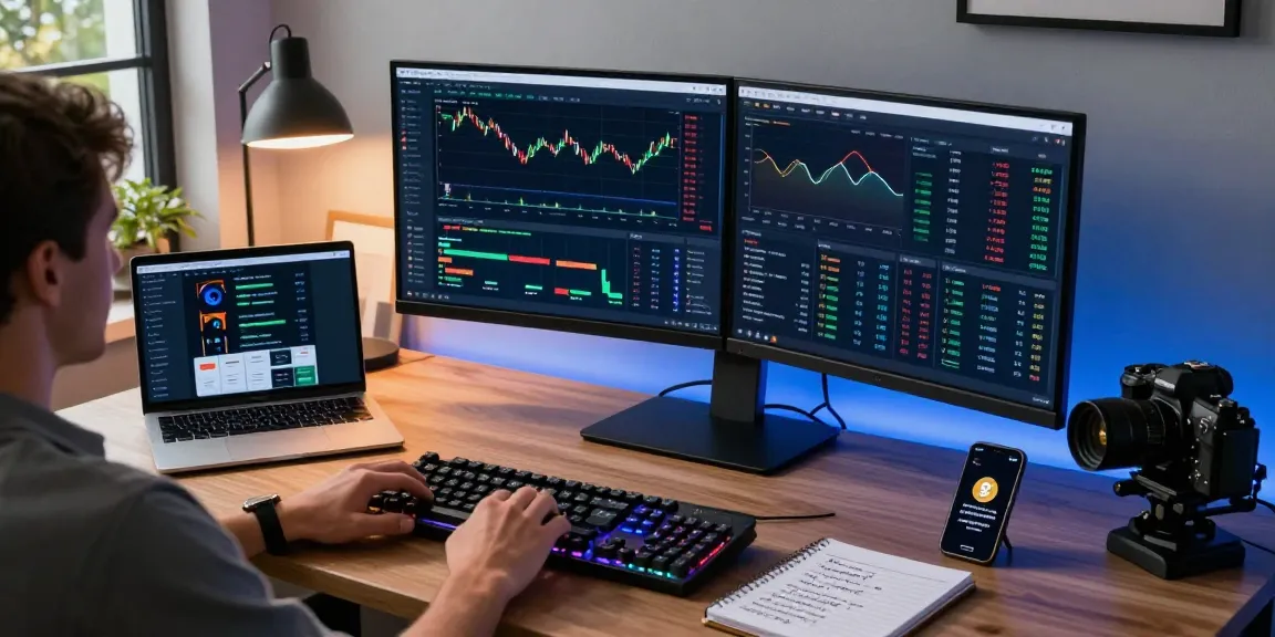 Play exchange in a modern trading workspace featuring cryptocurrency charts, digital wallet interfaces, and a DeFi dashboard.