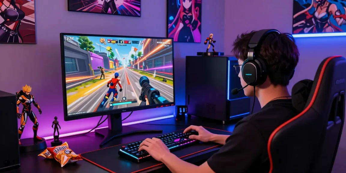 Engaging scene of a gamer immersed in a 3d ecchi game experience.