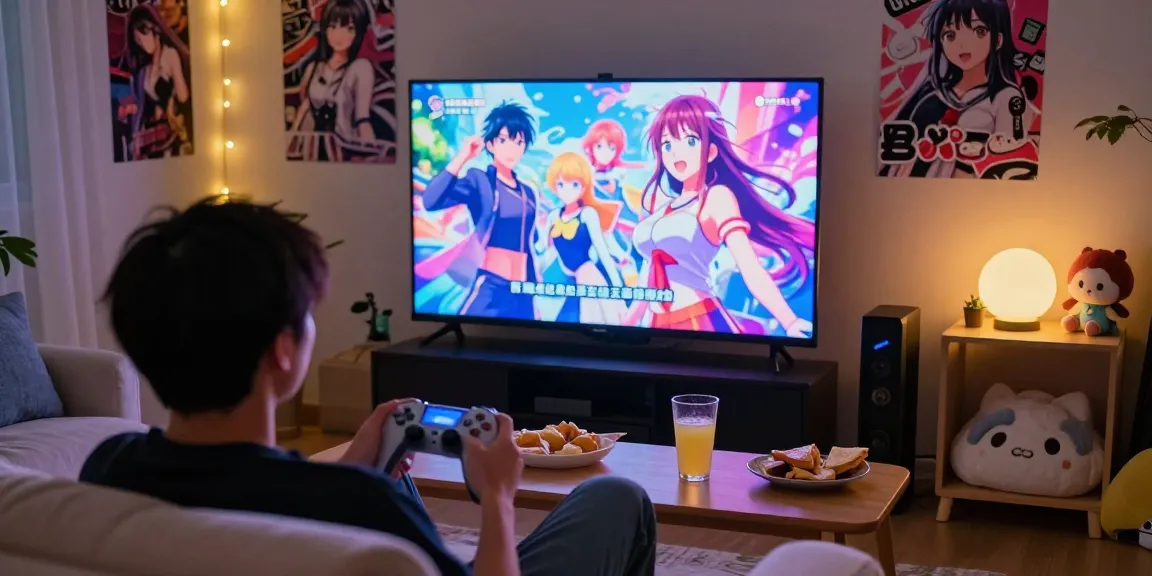 Enjoying hentai games on a comfy sofa with vibrant visuals and snacks.