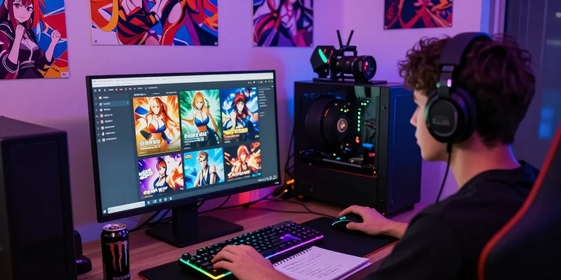 Gamer exploring exciting hentai games on multiple screens in a vibrant gaming setup.