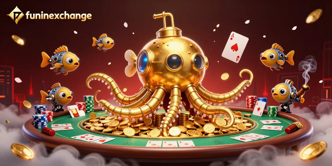 Experience dynamic gameplay with funinexchange's colorful 3D illustration featuring a kraken submarine amidst poker games.
