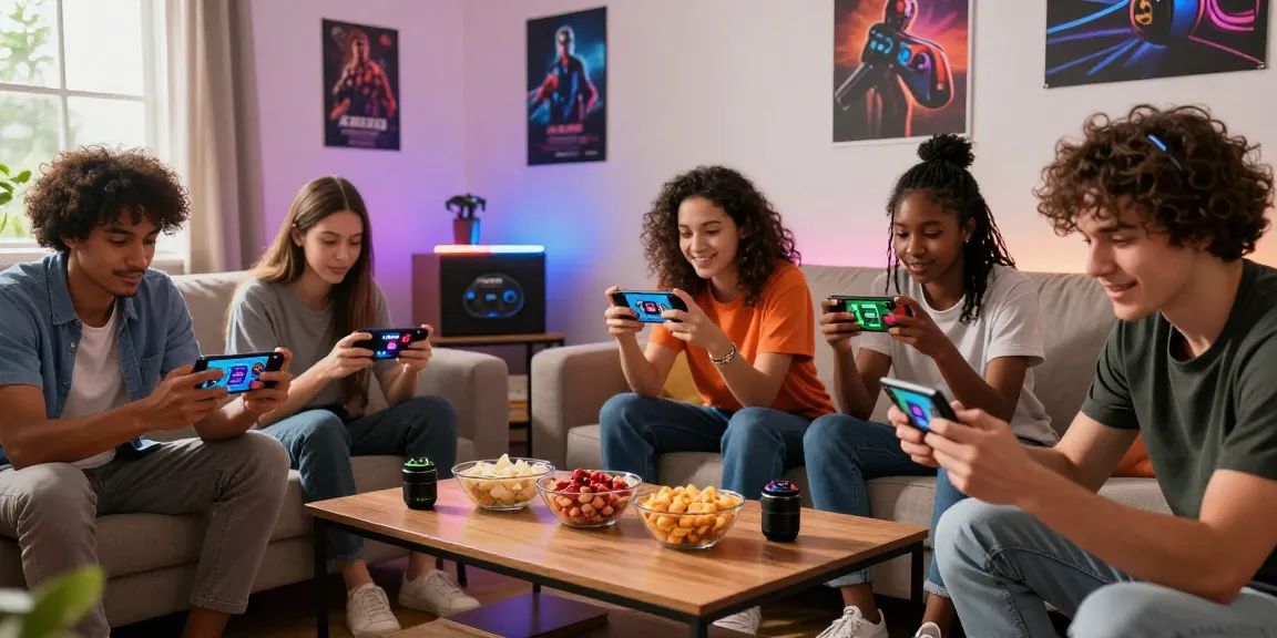 Friends enjoying Raja Game login on mobile devices in a cozy living room setting.