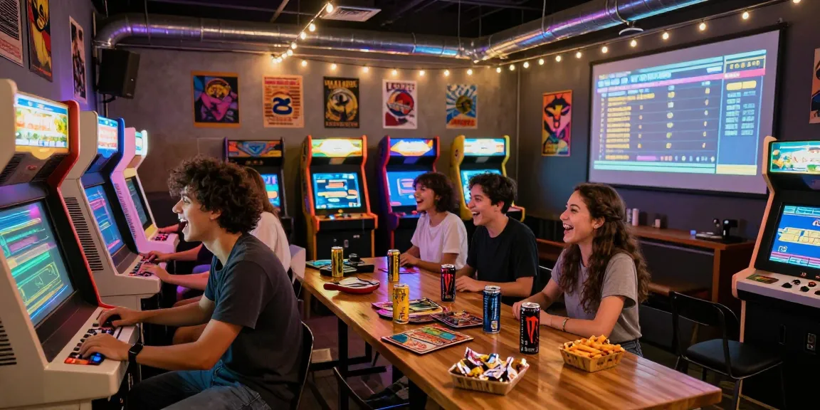 Hit club gaming scene with friends enjoying arcade games and snacks.